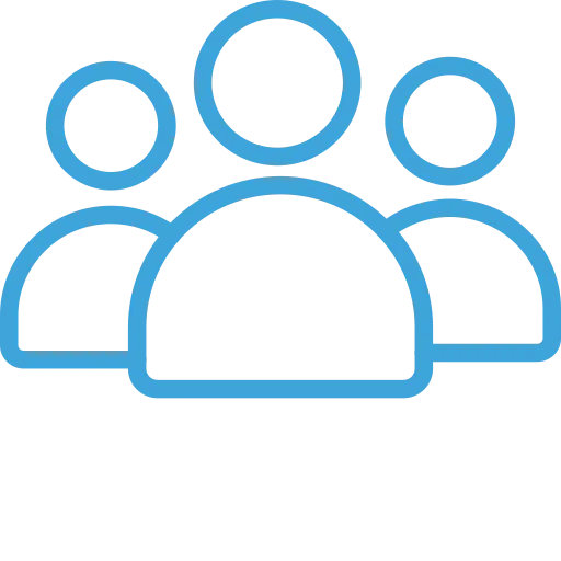 Blue outline icon showing three person figures grouped together.