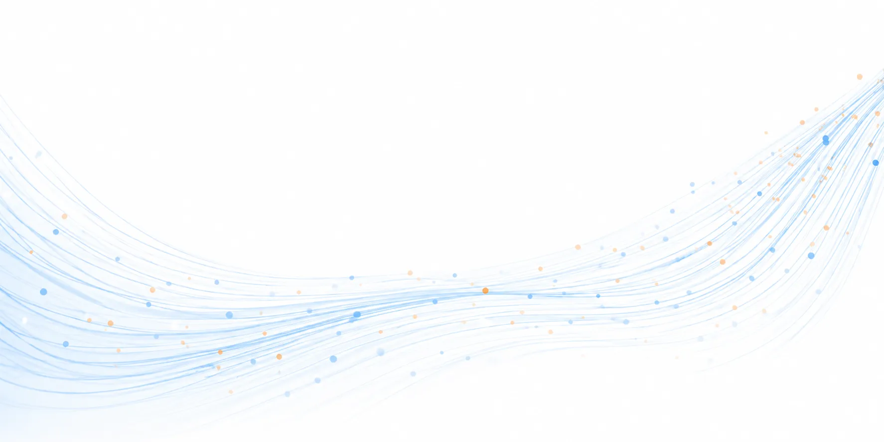 Blue curved lines with small blue and orange dots on a white background creating a wave-like pattern.