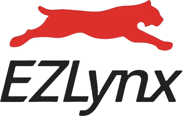 Red silhouette of a lynx leaping above the black text EZLynx logo.