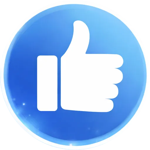 White thumbs-up icon inside a glowing blue circular button.