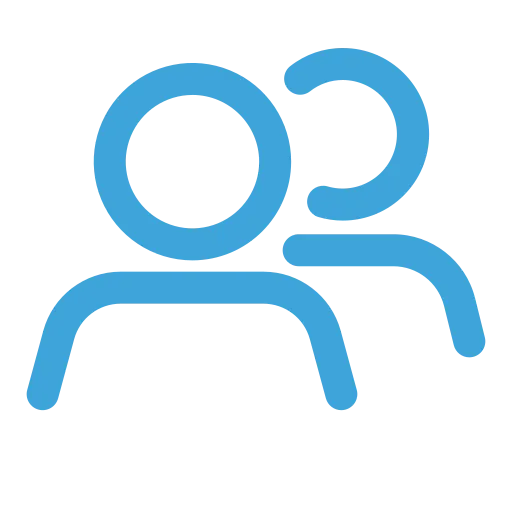 Blue icon of two human figures representing a group or users.