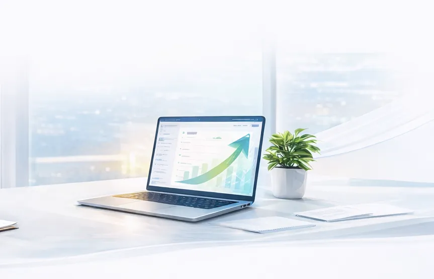 Laptop on white desk displaying upward trending graph, with potted plant and notebook nearby.