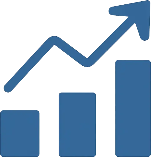 Blue bar chart with three bars increasing in height and an upward trending arrow above them.