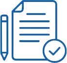 Icon of a document with text lines, a pencil, and a checkmark indicating approval or completion.