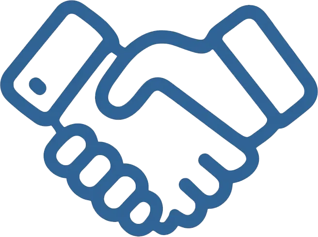 Blue line art icon of two hands shaking in agreement or handshake.