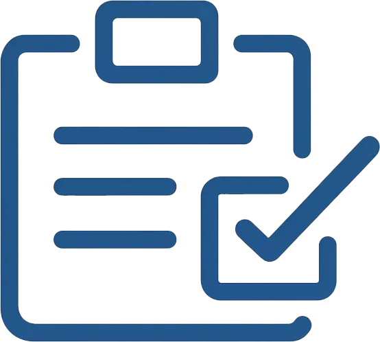 Clipboard icon with lines and a checkmark in the bottom right corner.