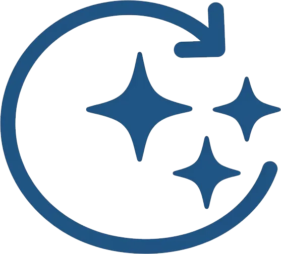 Blue circular arrow icon surrounding three sparkle stars, symbolizing refresh or clean.
