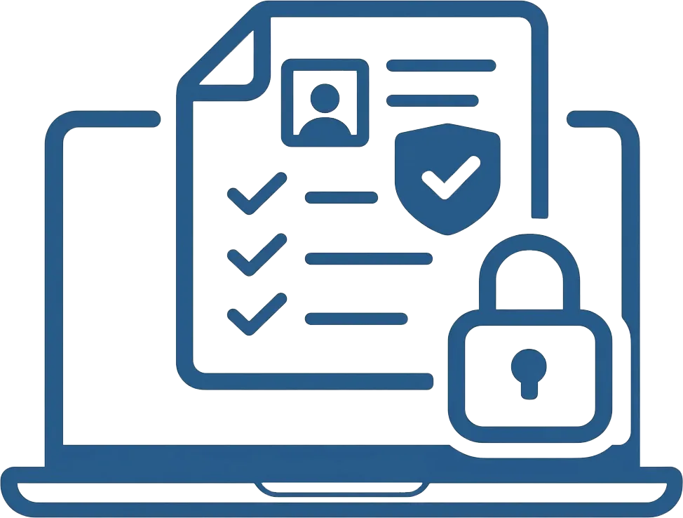 Laptop showing document with profile, checklist, shield, and padlock symbolizing data security.