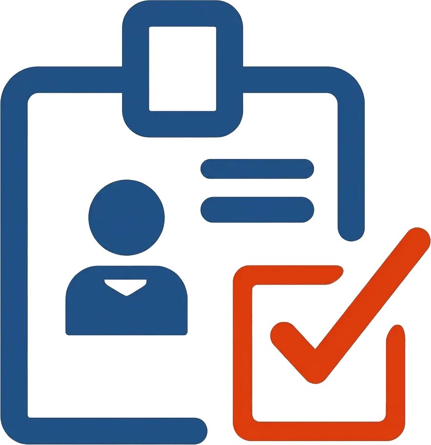Icon of a blue clipboard with a person silhouette and text lines, plus a large red checkmark.