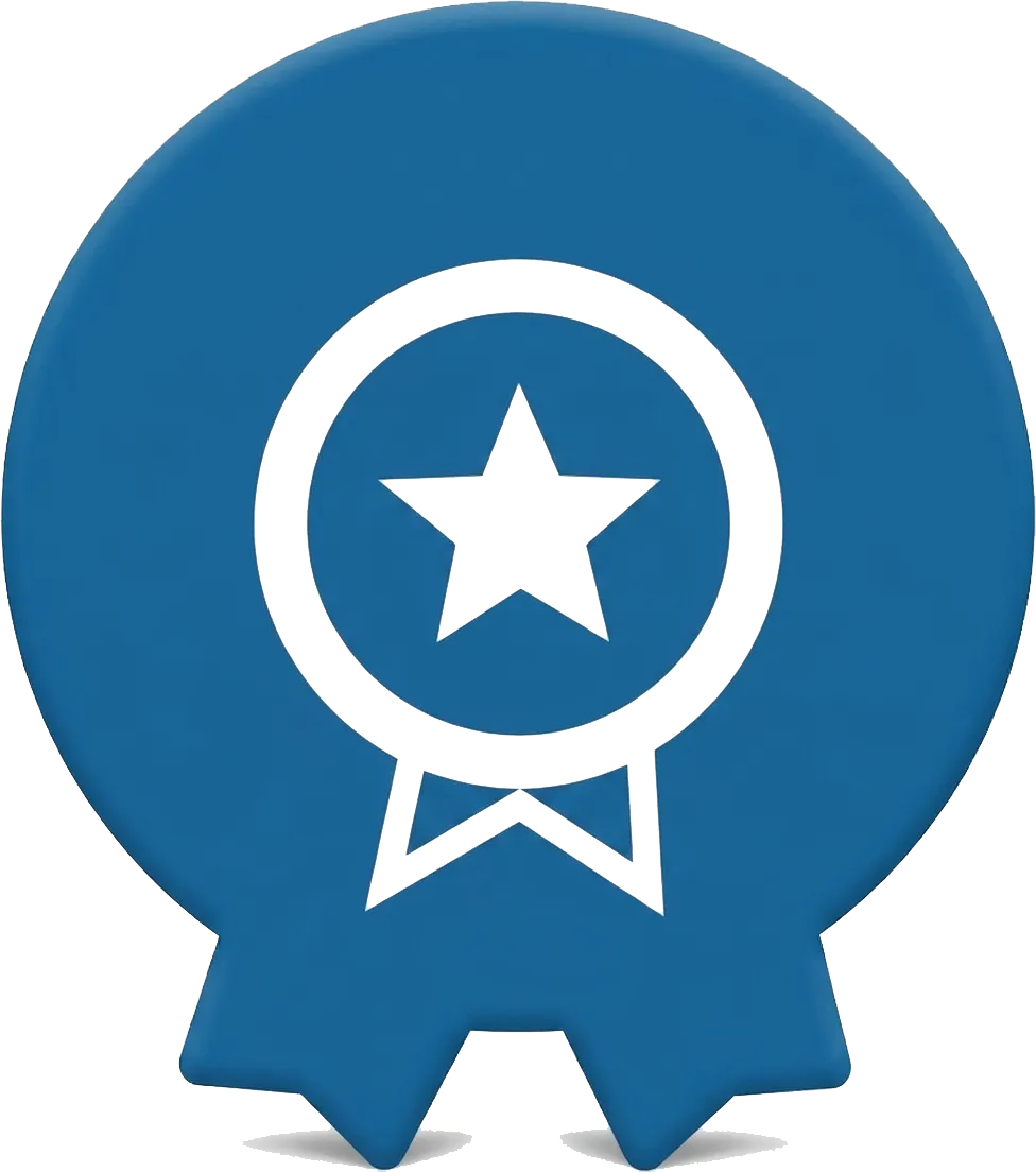 Blue award ribbon icon with white star in a circle at the center.
