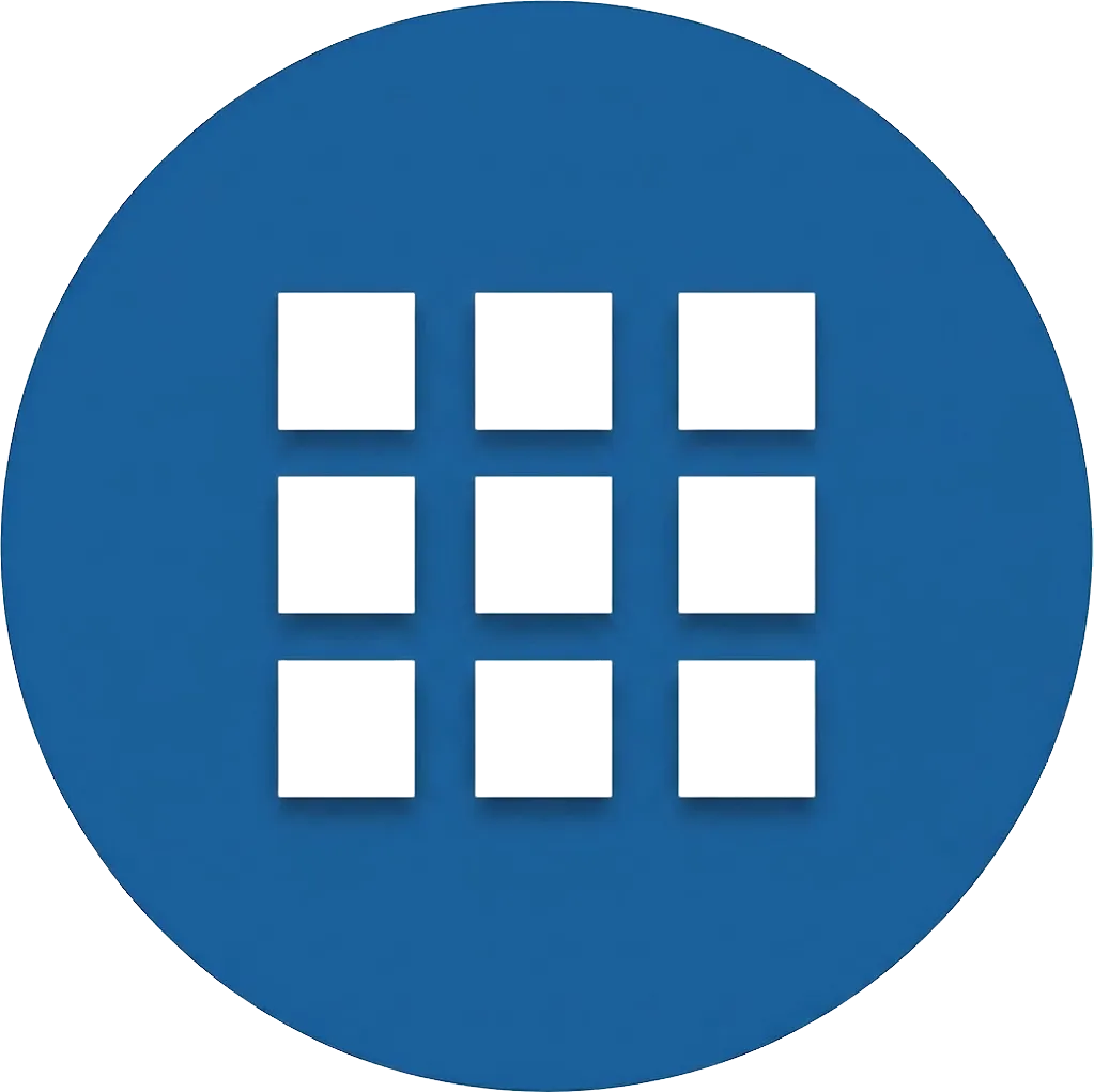 Nine white squares arranged in a 3 by 3 grid on a blue circular background.