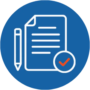 White document and pencil icon with red checkmark in circle on blue background.