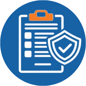 Icon of clipboard with checklist and shield with checkmark on blue circle background.