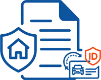 Documents behind shield icons representing home, payday loan, and car protection.