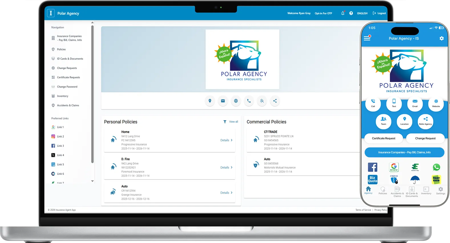 Laptop and phone screens showing Polar Agency insurance app interface with policy details and contact options.
