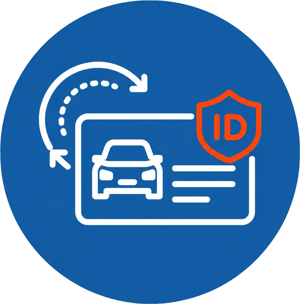 Icon of a car ID card with a red ID shield and curved arrows representing renewal or update.