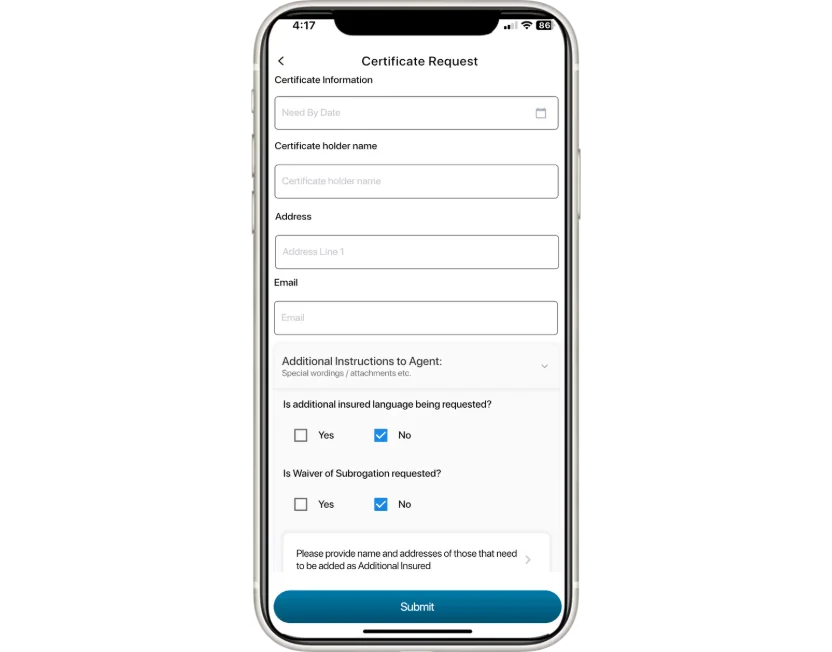 Mobile view of the Certificate Request form in the IA App client portal