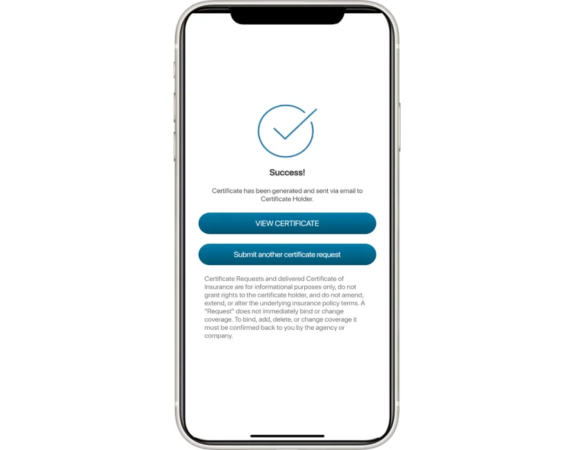 Mobile view of successful Certs on Demand delivered through IA App
