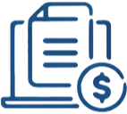 Blue line icon of digital document sheets on a laptop screen paired with a dollar sign coin, representing online billing or financial reporting.