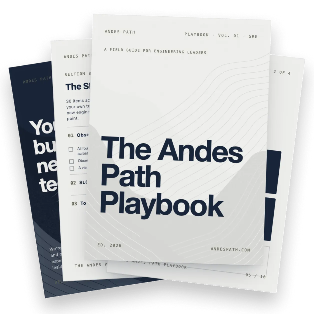 Stack of documents titled The Andes Path Playbook, a field guide for engineering leaders.