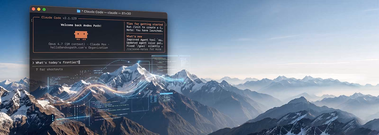 Mountain range with transparent code interface and a terminal window showing a welcome message and code snippets.