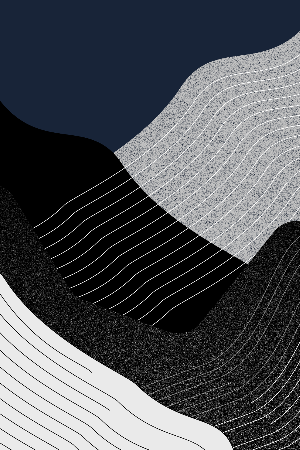 Abstract wavy shapes in navy, black, gray, and white with fine white curved lines overlapping.