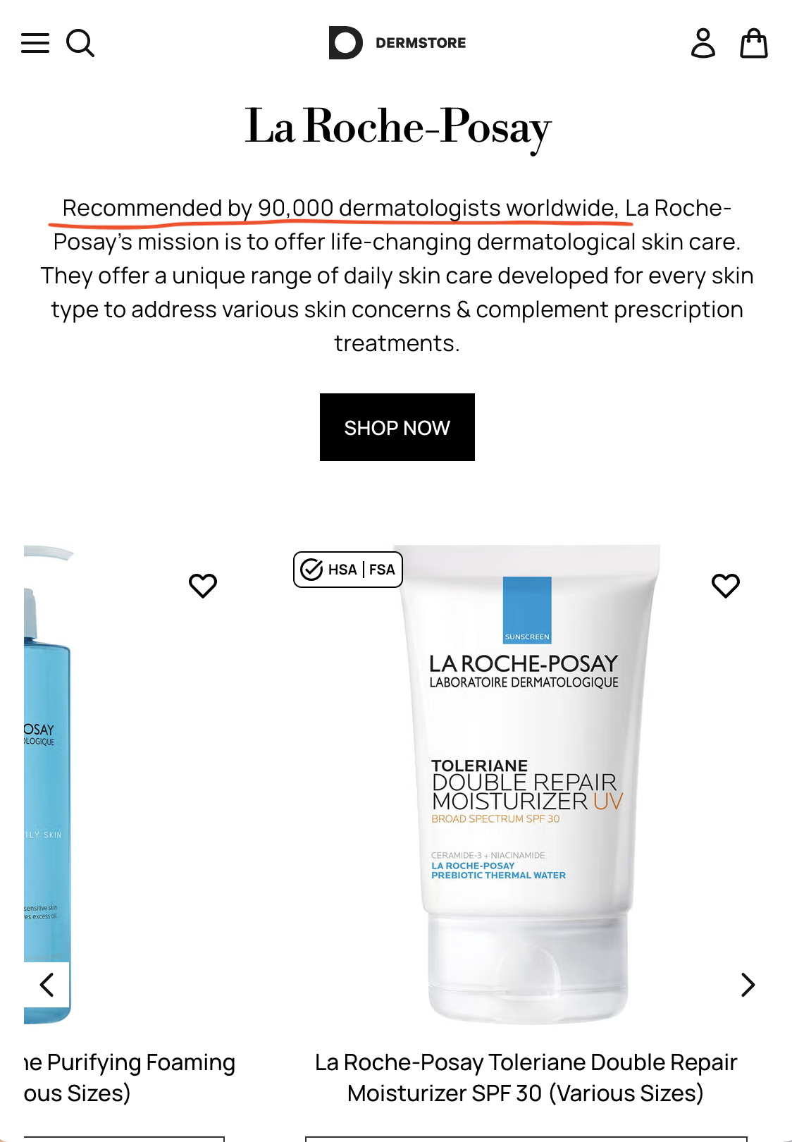 A Dermstore page for La Roche-Posay with the line "Recommended by 90,000 dermatologists worldwide" underlined in rust. The number is prominent.