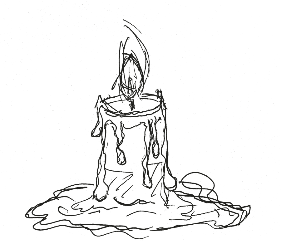 A guttering candle in a pool of wax, drawn by hand in ink