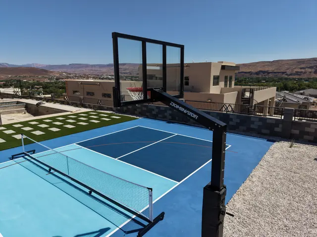 Blue backyard court with a light blue center, basketball hoop and net beside stone landscaping.
