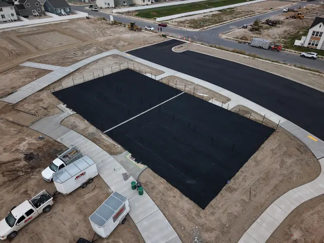 Dark base coating applied to connected outdoor court slabs.
