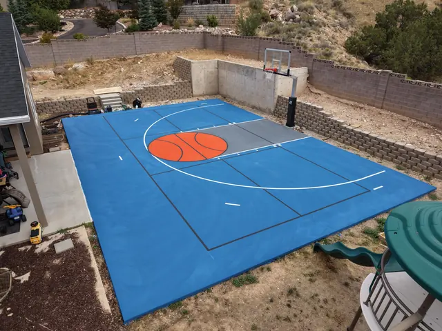 Blue backyard basketball court with an orange center circle, gray key and white lines.
