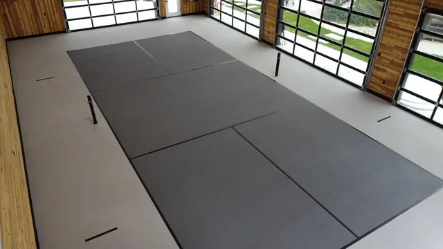 Indoor gray net court with black lines in a wood-paneled recreation building.