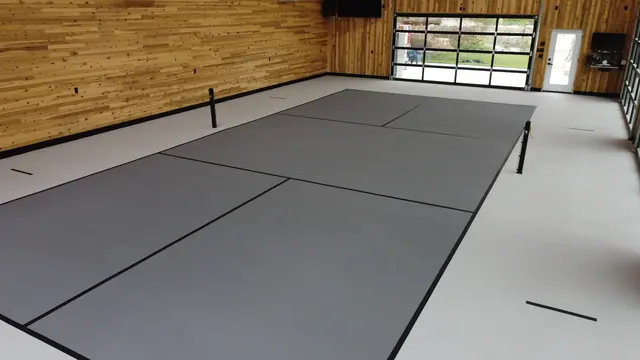 Indoor gray net court with black lines in a wood-paneled recreation building.