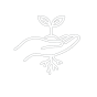 White icon of a hand holding a small sprouting plant with roots.