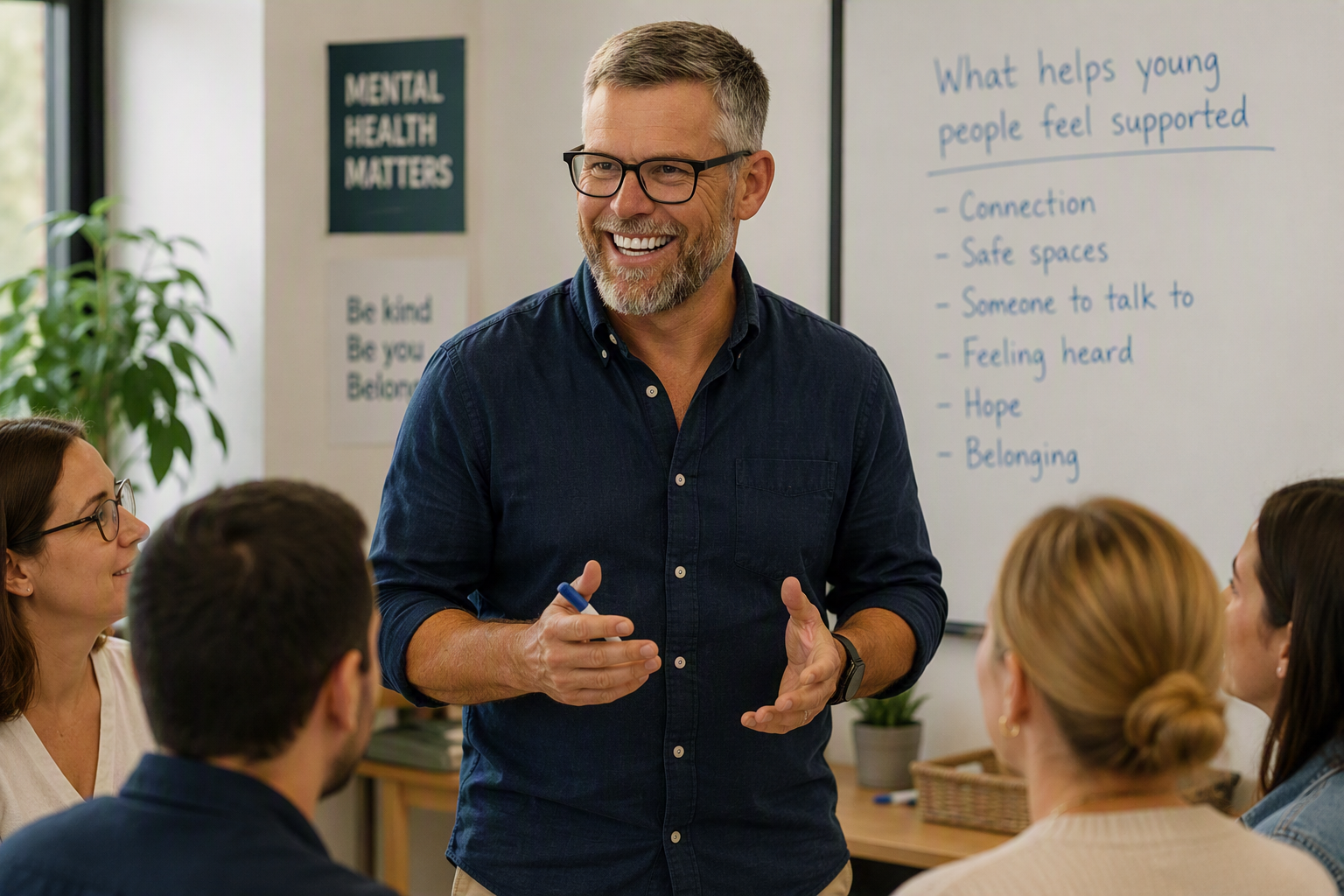 A man with glasses and a beard, wearing a dark blue shirt, smiling and speaking to a group of four people in a room with mental health support posters and a whiteboard listing ways to support young people, including connection, safe spaces, and belonging.