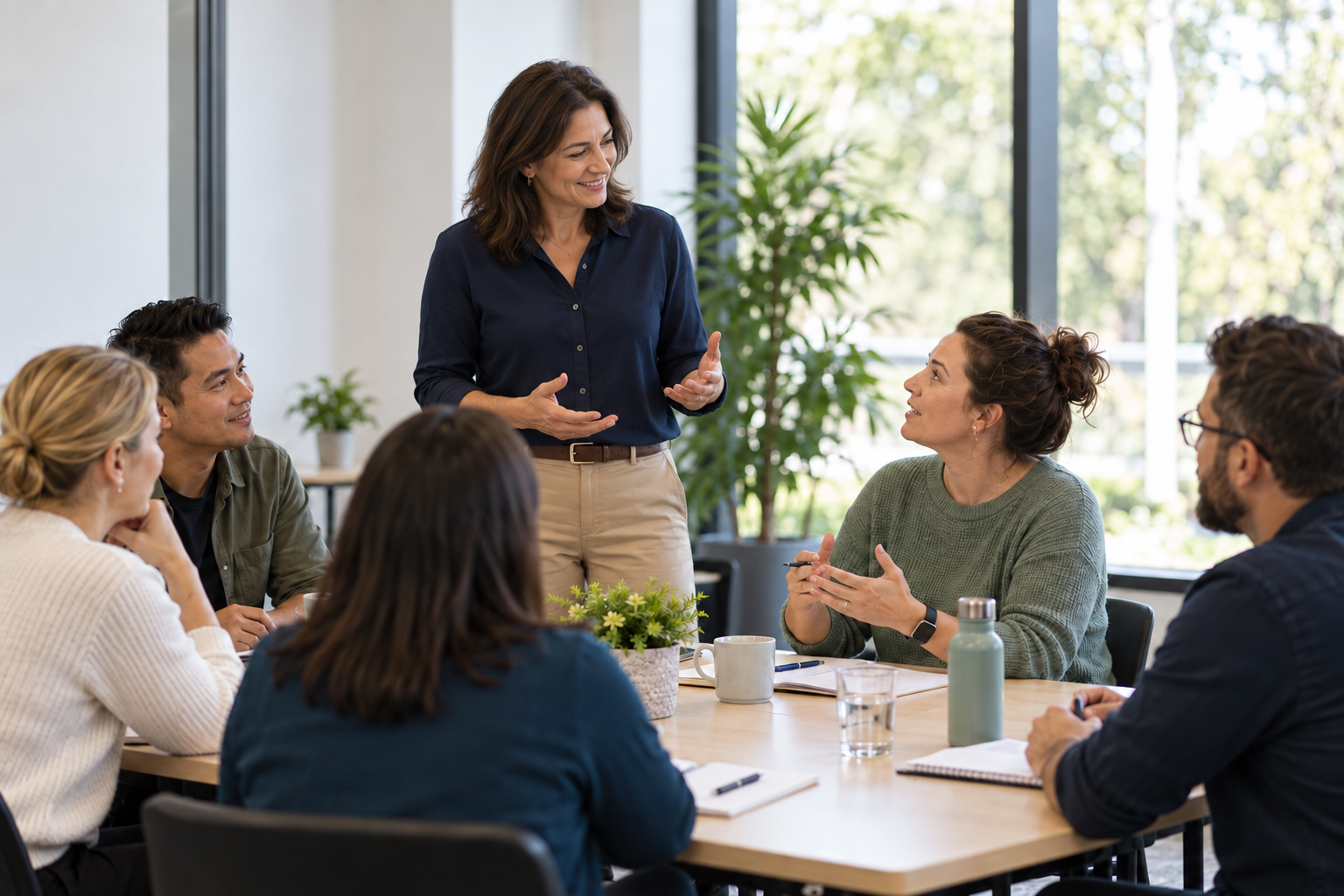 AI-generated scene of adults discussing learning with a facilitator