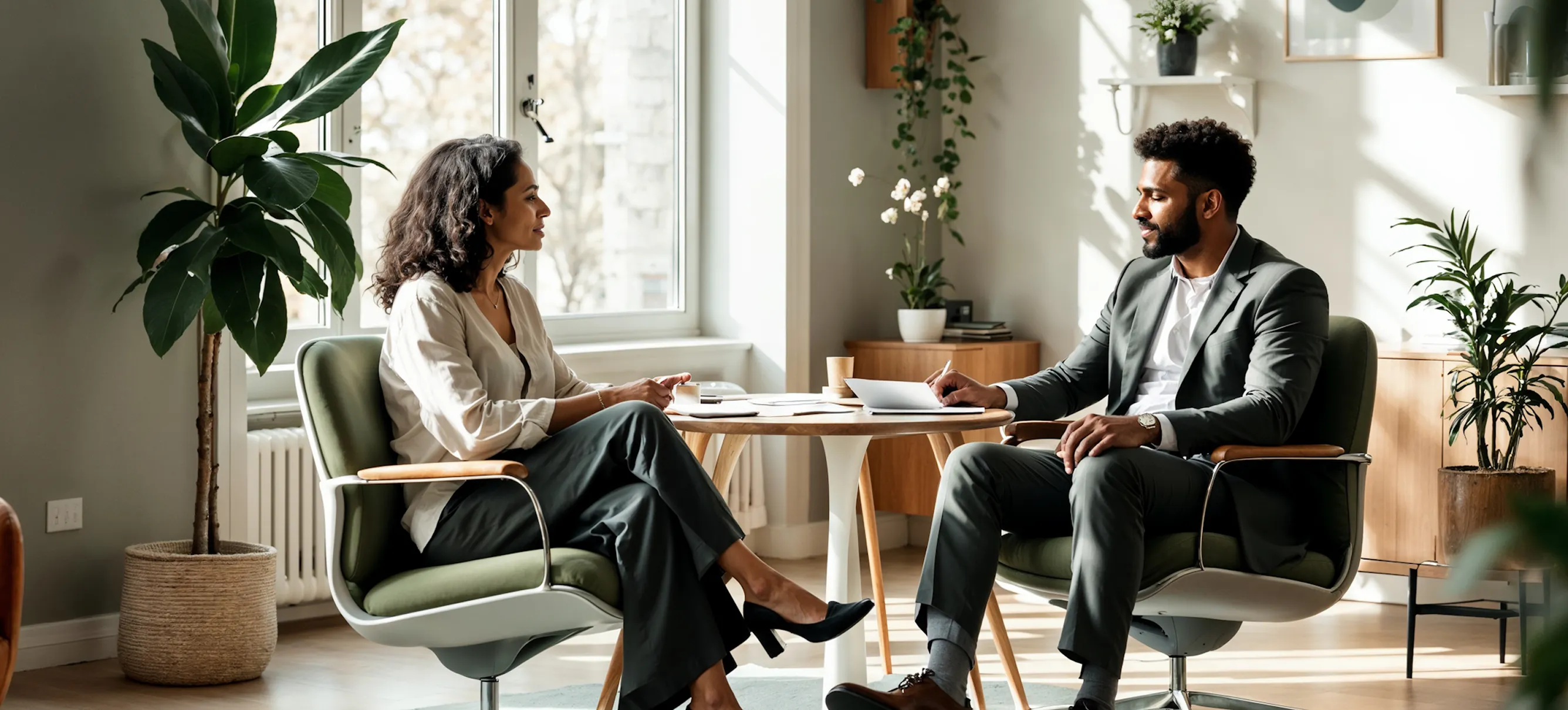 Woman and man sitting in armchairs at a round table in a bright office, engaged in conversation.