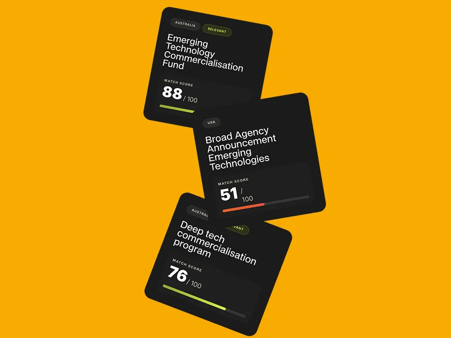 Three black cards with grant titles and match scores displayed on an orange background.