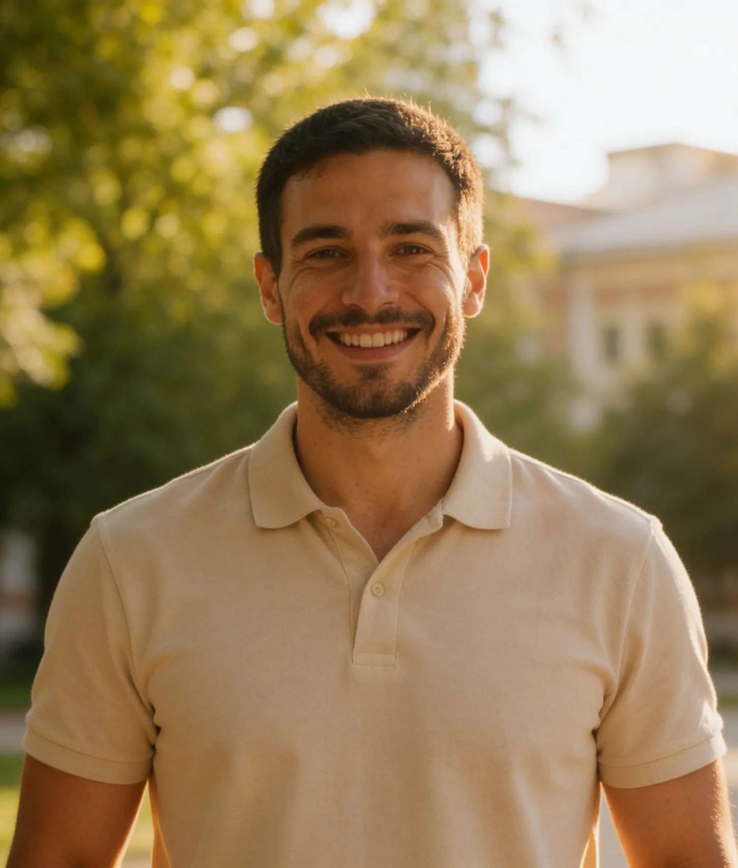 Smiling man with short dark hair and beard wearing a beige polo shirt outdoors in sunlight.