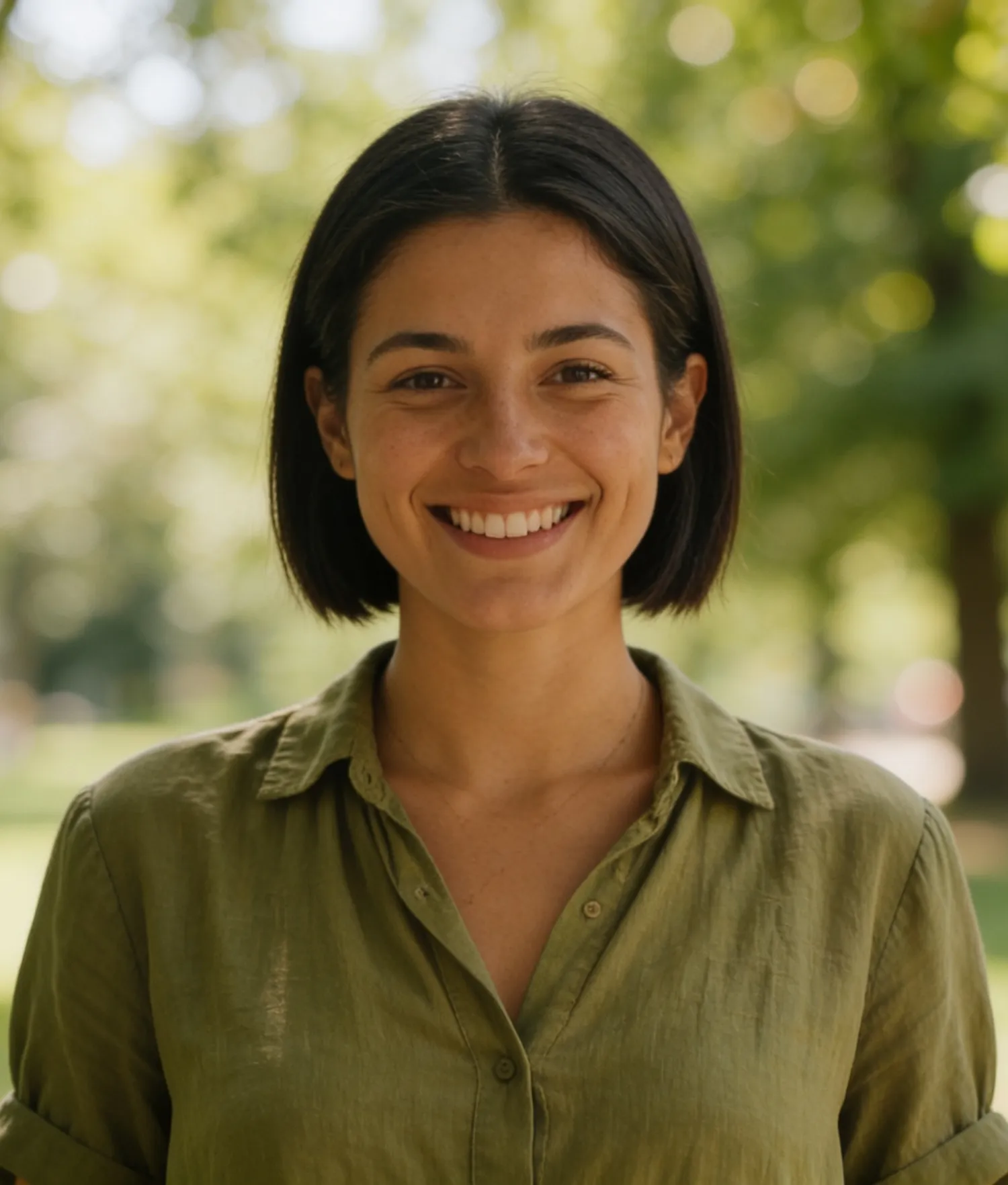 Smiling woman with black bob hair wearing a green button-up shirt outdoors with blurred trees behind.