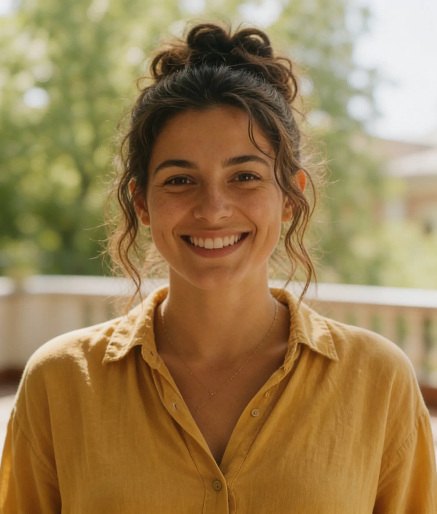 Smiling woman with curly hair tied up, wearing a yellow shirt, in an outdoor setting.