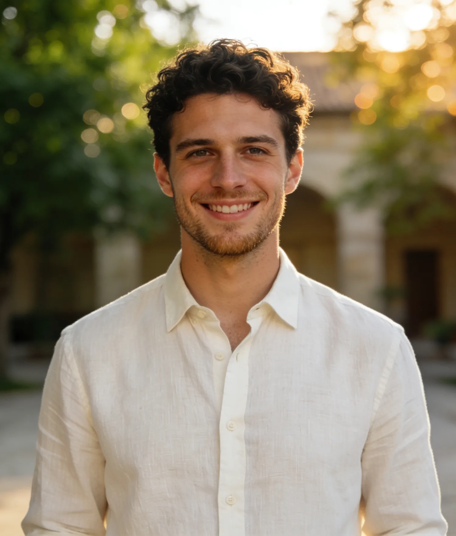 Smiling young man with curly hair in a white button-up shirt outdoors with sunlit greenery behind.