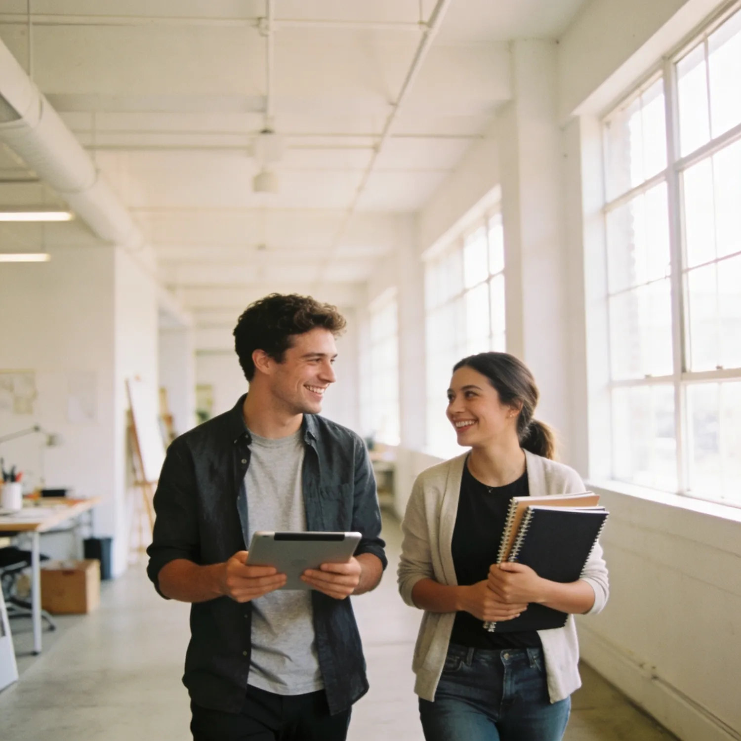 Smiling young man with tablet and woman with notebooks walking and talking in bright office corridor.