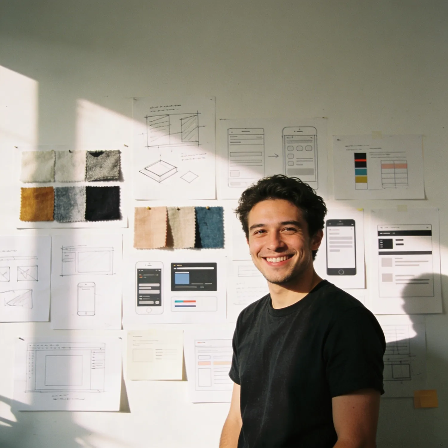 Smiling man in black shirt posing near wall with sketches, color swatches, and app wireframes.