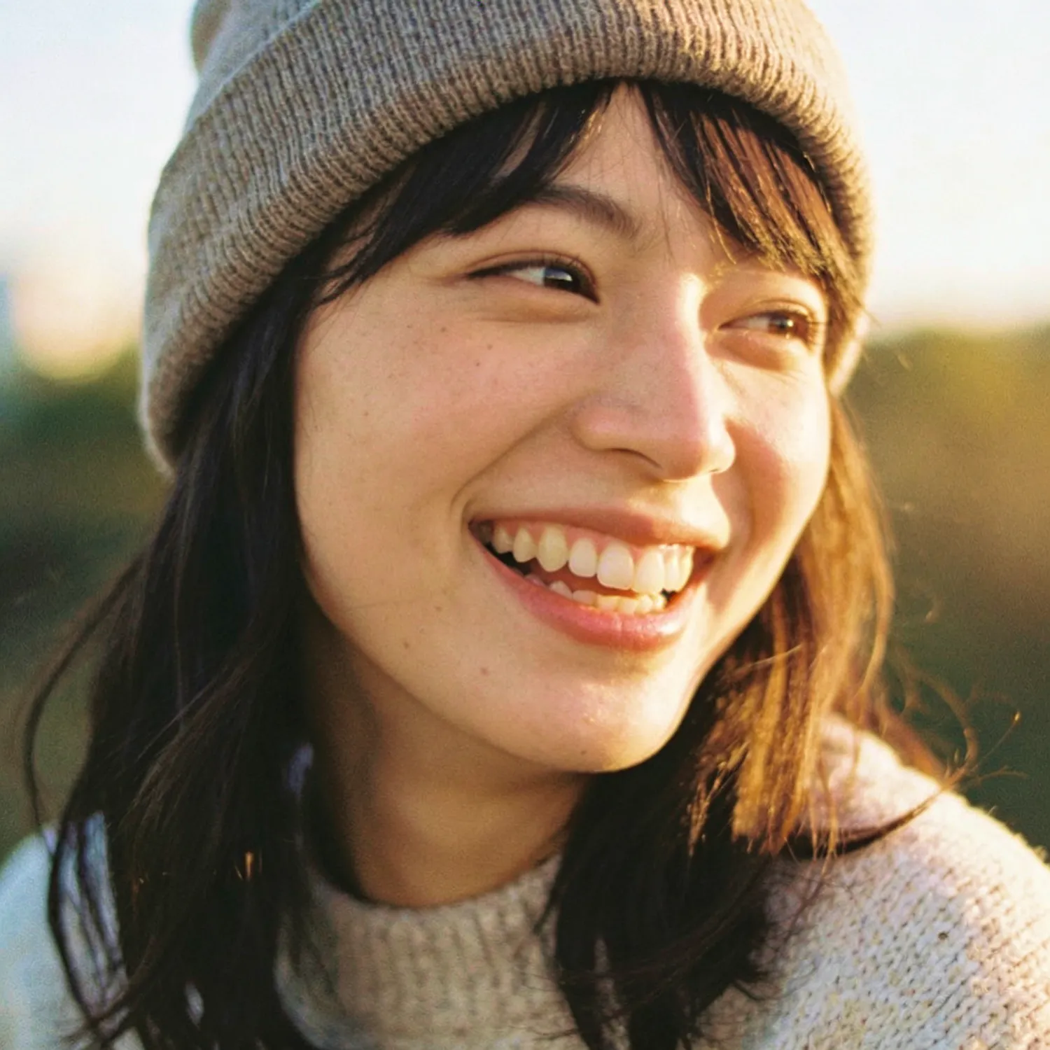 Close-up of a young woman smiling outdoors wearing a beige knit hat and sweater in soft sunlight.