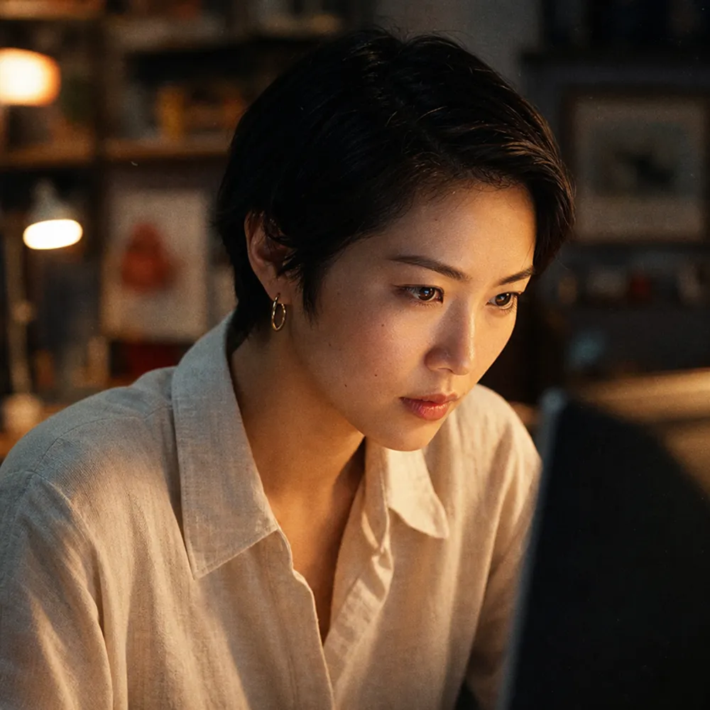 Young woman with short dark hair focused on a computer screen in a dimly lit room.