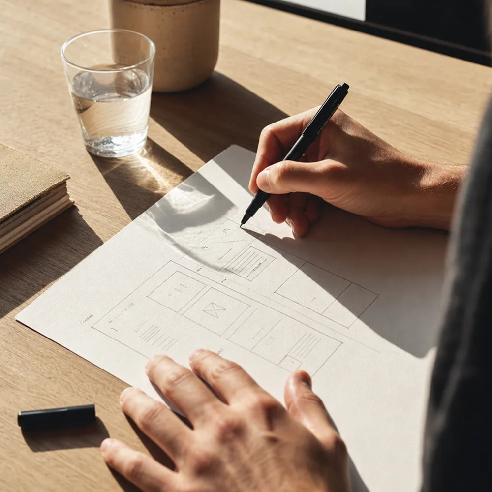 Person sketching a website wireframe layout on paper beside a glass of water and notebook on a wooden table.