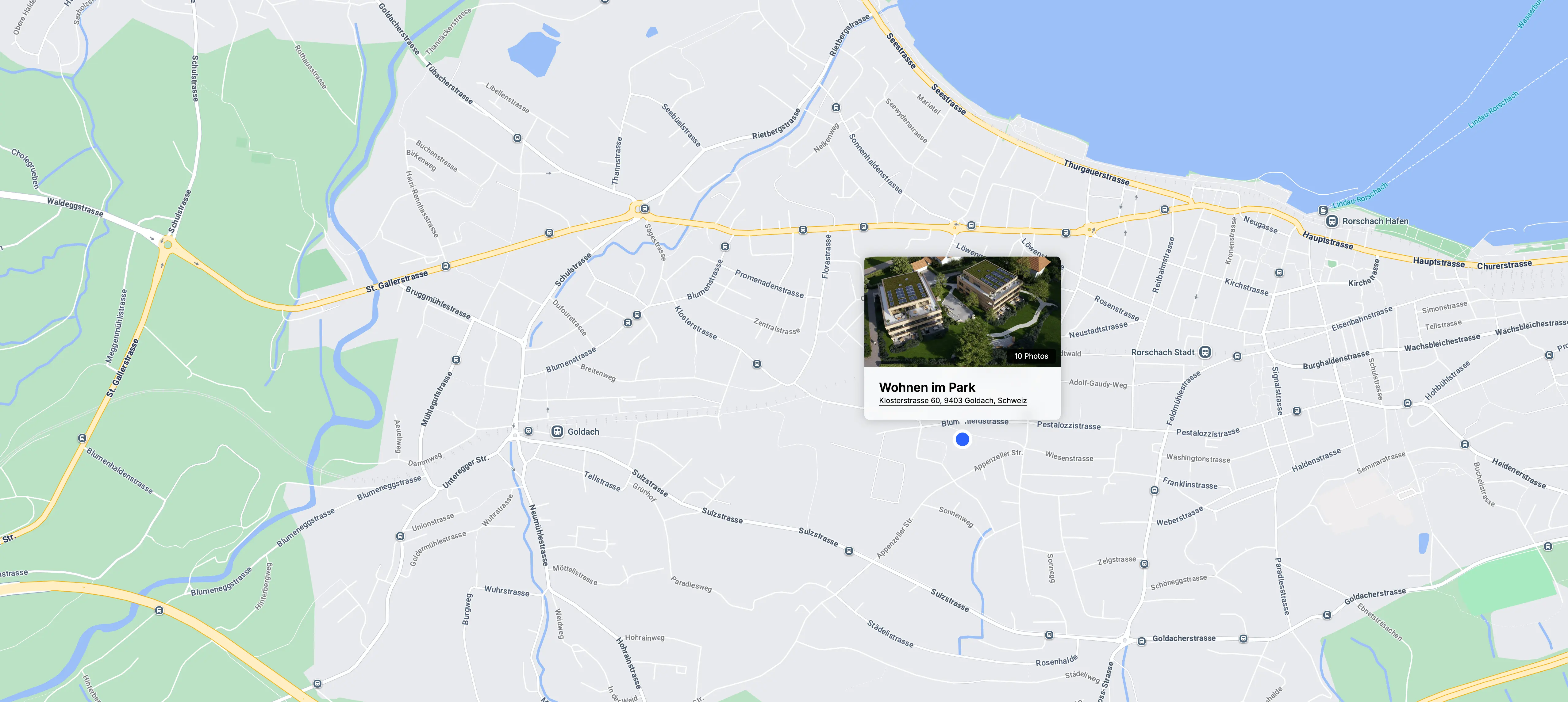 Map showing Goldach, Switzerland with a photo marker for Wohnen im Park residential buildings.