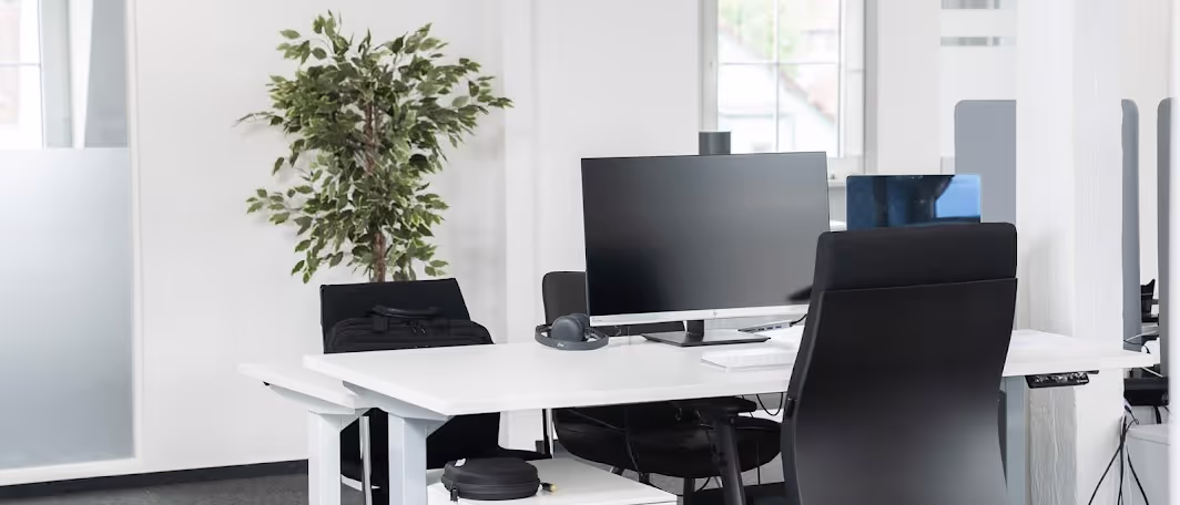 Moderner Arbeitsplatz bei PG digital mit höhenverstellbarem Schreibtisch, großem Monitor, ergonomischem Bürostuhl und viel Tageslicht, im Hintergrund eine grüne Pflanze und Fenster.