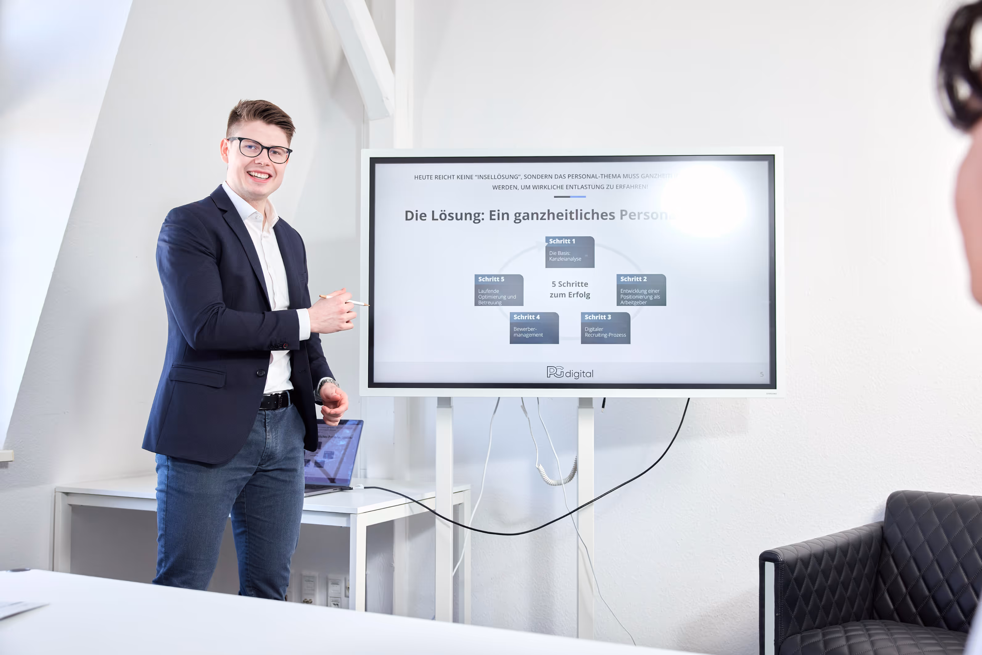 Mitarbeiter von PG Digital präsentiert eine ganzheitliche Personalstrategie in fünf Schritten auf einem Bildschirm.